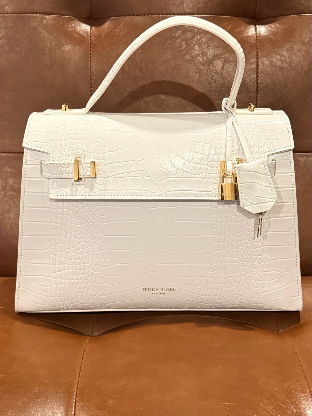 Teddy Blake White Croc-Embossed Top-Handle Satchel with Gold Hardware